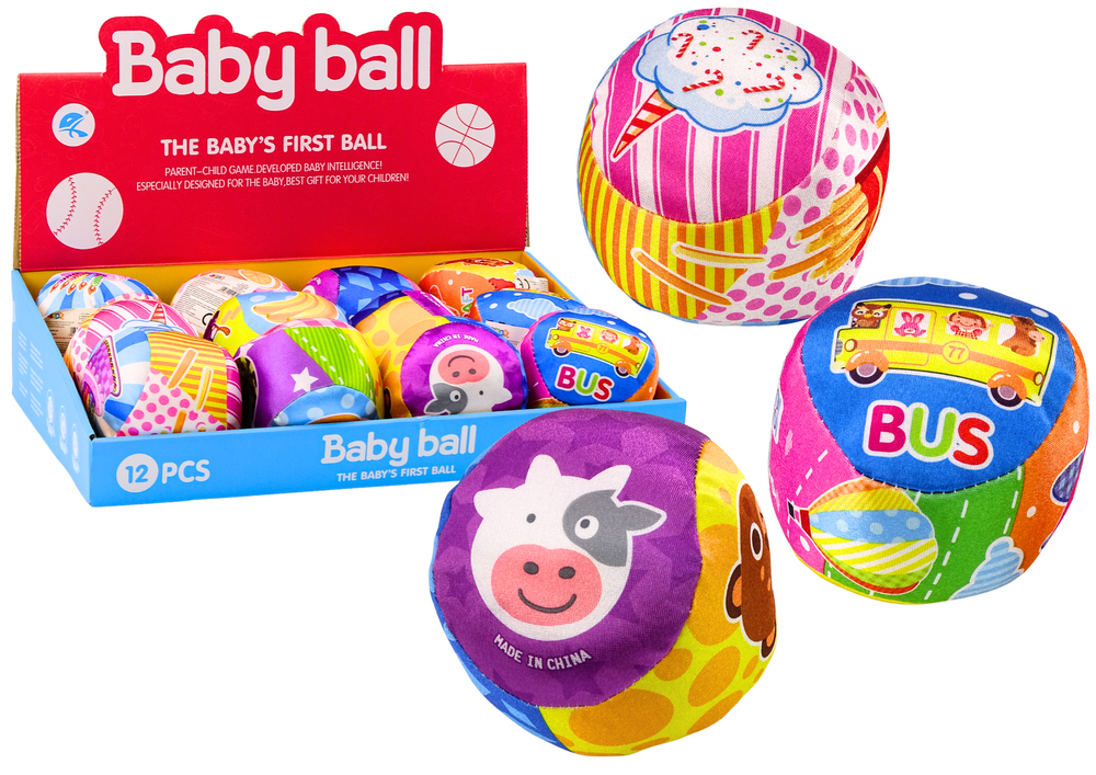 mamido  Mäkká loptička s hrkálkou farebná loptička zvieratká ovocie MIX 10 cm