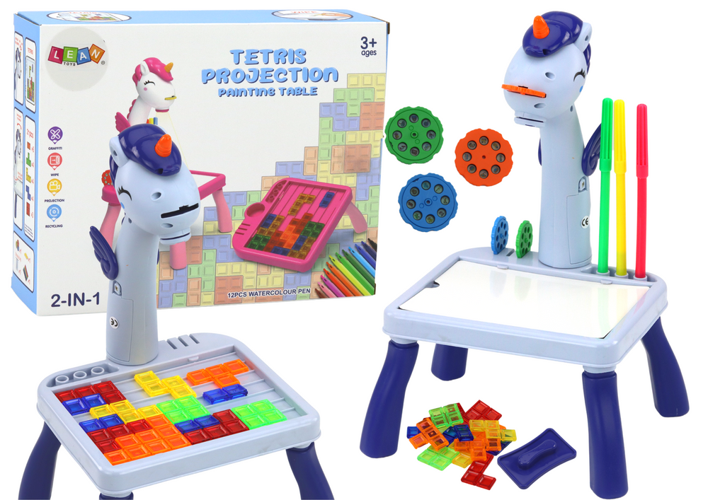 mamido  Mini projektor stolík Tetris 2v1 jednorožec modrý