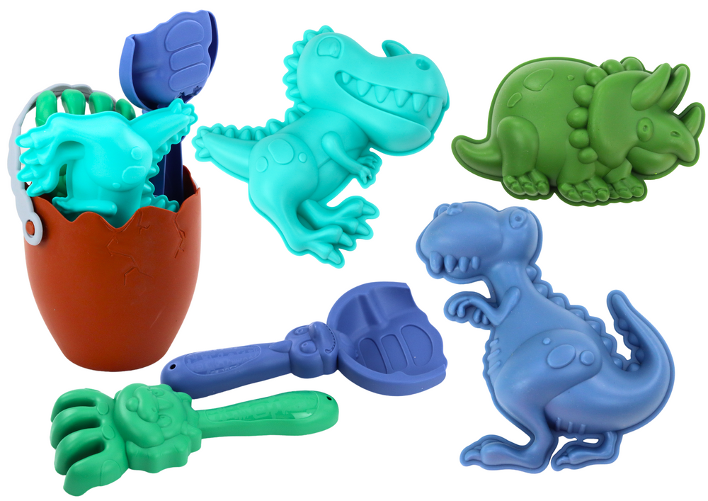 Piesková sada Dinosaury - vedierko, vajcia, hrable, lopatka a formičky