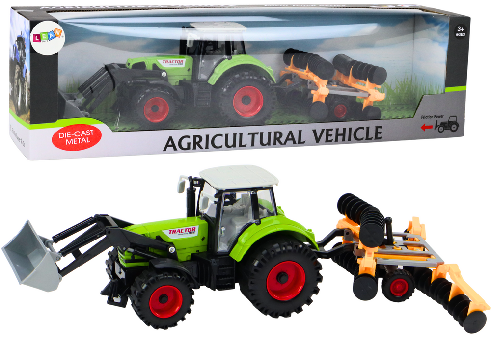mamido Poľnohospodársky traktor s bagrom a diskovou bránou, zelený