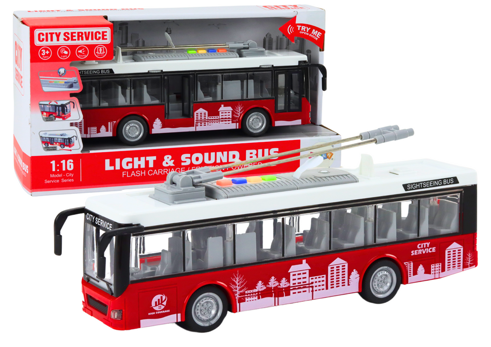 Trolejbus s frikčným pohonom svetlami a zvukmi 1:16 červený