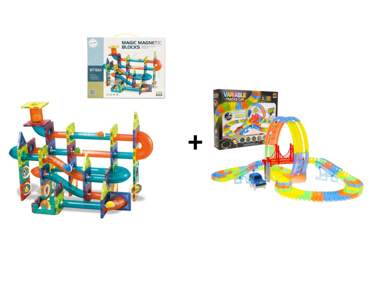Mamido  Mamido Výhodná sada Magnetická stavebnica guličková dráha 96 dielov + Svietiaca autodráha Variable 157 dielov