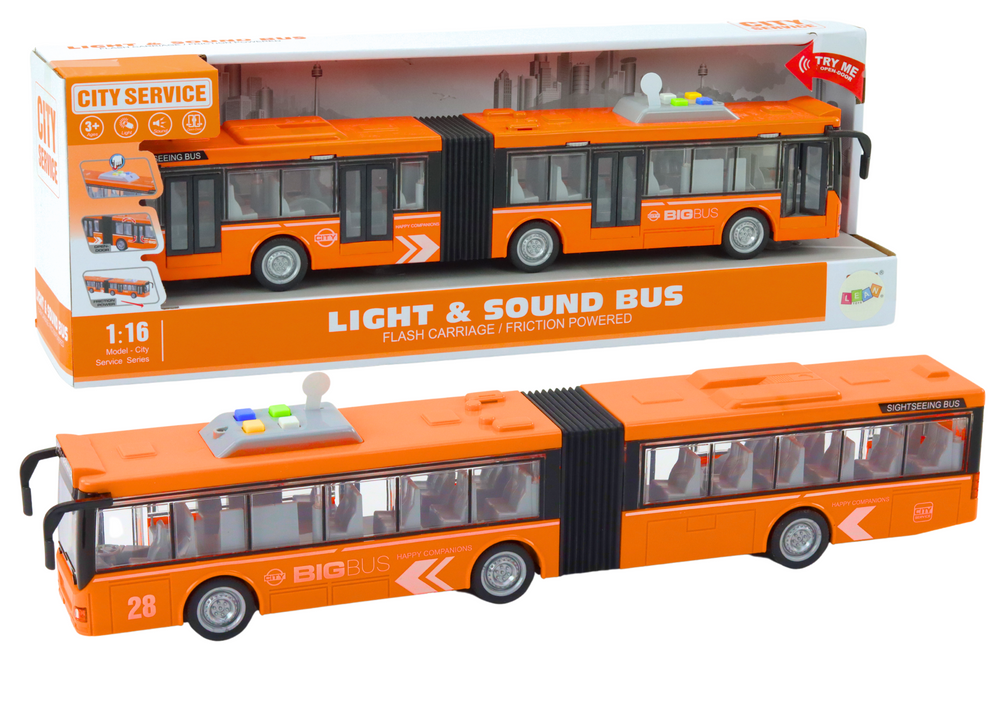 Kĺbový mestský autobus 1:16 s pohonom a efektmi oranžový