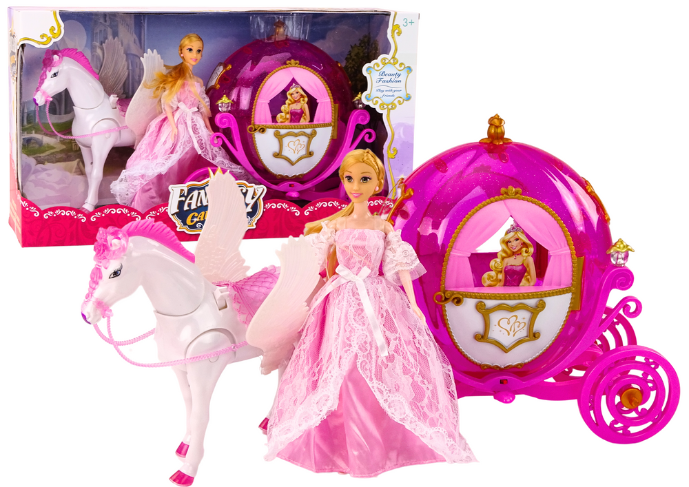 mamido Bábika princezná s kočiarom a koňom Pegasom ružová