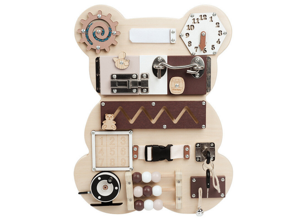 mamido  Drevená senzorická manipulačná tabuľa Macko 14 prvkov