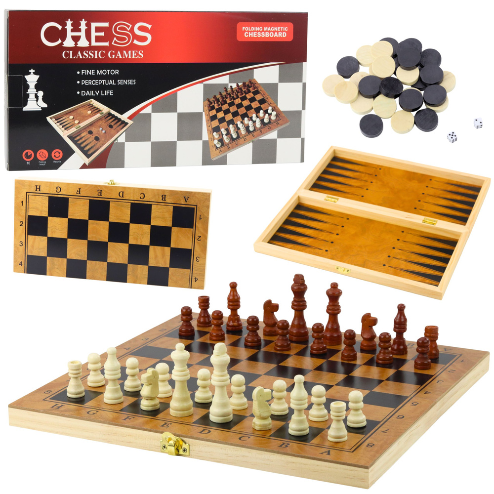 mamido Drevená logická hra 3v1 Šach Dáma Backgammon