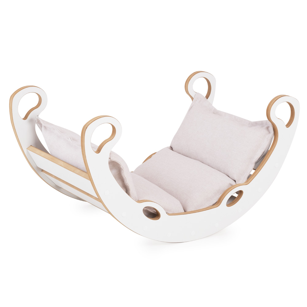 PLUSH NEST PLUSH NEST Drevené hojdadlo Mini 2v1 (XS) s vankúšom (svetlo béžové / biele)