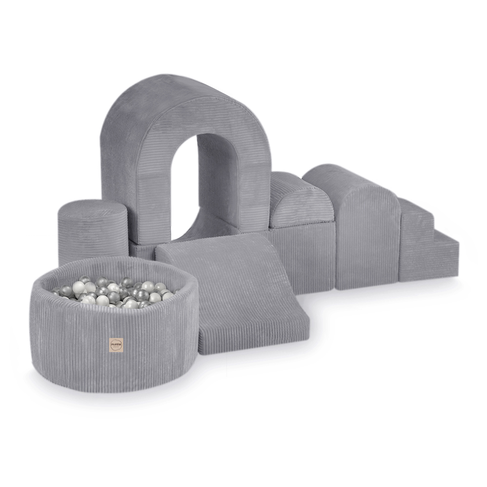 PLUSH NEST  PLUSH NEST Hrací hrad s bazénom a 150 loptičkami, Prémiový sivý Menčester