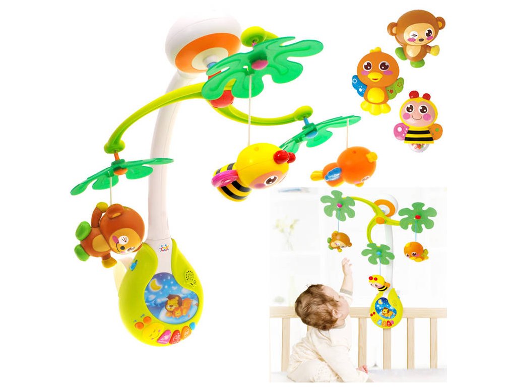 Carusel interactiv colorat deasupra pătuțului