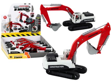 Excavator pe șenile alb și roșu cu cupă metalică