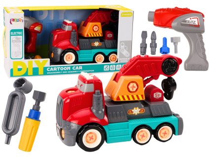 Camion roșu cu macara de desene animate cu cârlig de demontare DIY