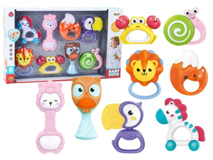 Set zdrănitoare și dintiție pentru bebeluși - animale 8 buc