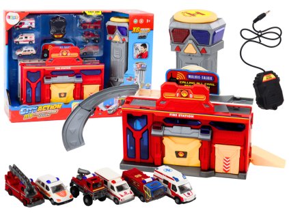Stație de pompieri pentru copii cu centru de control și 6 mașini
