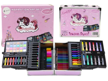 Set de artă în carcasă pliabilă cu unicorn 133 buc roz