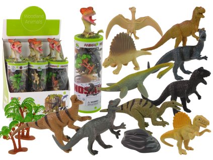 Set de 12 figurine dinozauri cu accesorii intr-un tub