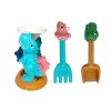 Un set de jucării cu nisip, o râșniță, o găleată, matrițe, dinozauri
