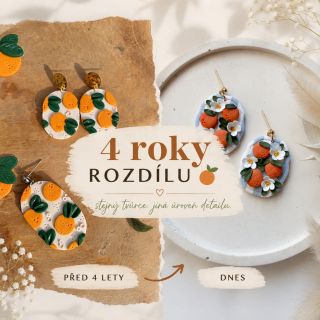 Na první fotce jsou moje náušnice z roku 2021. Na druhé moje tvorba dnes. Když se na ně podívám vedle sebe, vidím hodiny...
