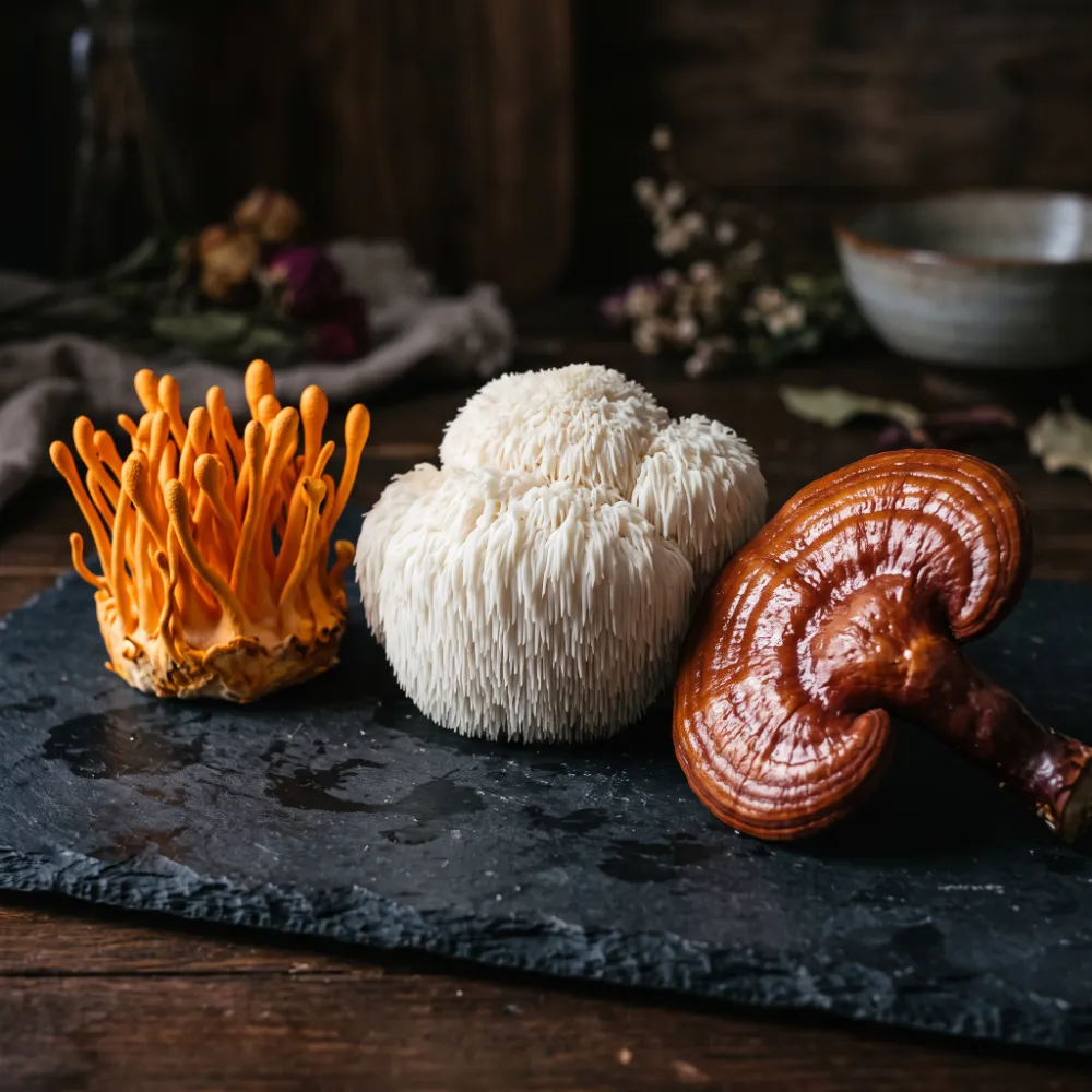 Houby Cordyceps, lví hříva a reishi na tmavé desce