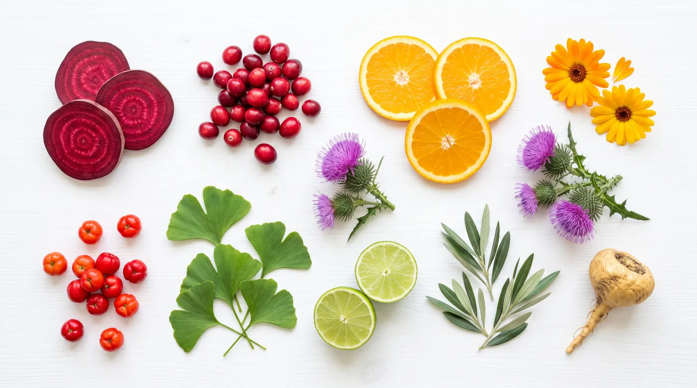 Brusinky, červená řepa, acerola, pomeranč, limetka, květy ostropestřce a měsíčku, listy ginkga a olivovníku a kořen maky