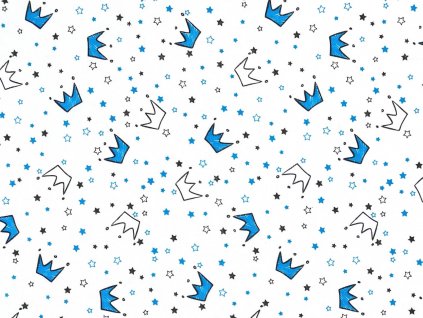 Bavlněný úplet s jemným potiskem korunek na bílém podkladu, ideální pro dětské oblečení, trička, pyžama a pohodlný domácí textil.