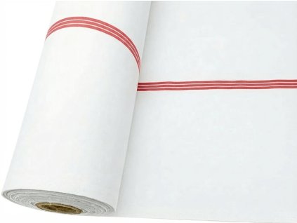 Plátno Domestik s červenými zdravotnickými pruhy, pevná bavlna pro ložní povlečení, prostěradla a profesní textil s vysokou odolností.
