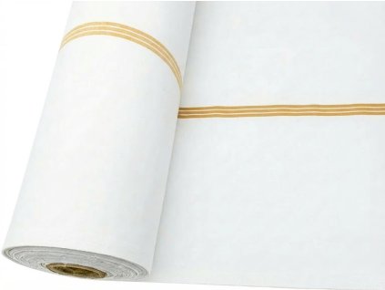 Plátno Domestik se žlutými zdravotnickými pruhy, pevná bavlna pro ložní povlečení, prostěradla a profesní textil s vysokou odolností a snadnou údržbou.