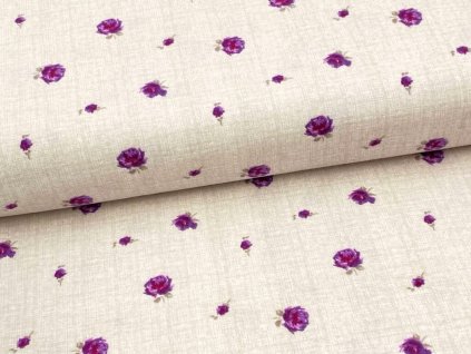 Flanel 150 s jemným vzorem drobných fialovo-béžových květů na světlém podkladu, měkká bavlněná tkanina vhodná pro ložní prádlo, dětské textilie i oděvy.