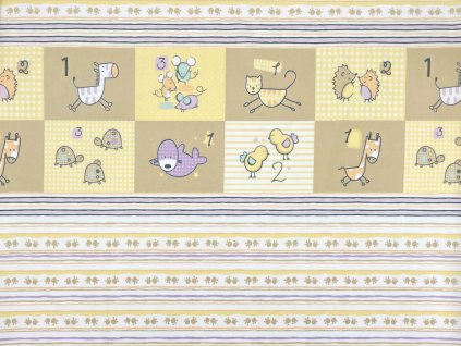 Flanelová tkanina s dětským vzorem zvířátek na béžovém podkladu, měkká a hřejivá bavlna vhodná na povlečení, pyžama a dětský textil.