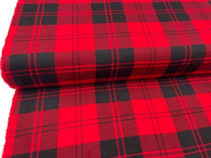 Flanel v červeno-černých kostkách, měkký a hřejivý materiál pro košile, pyžama i zimní doplňky.
