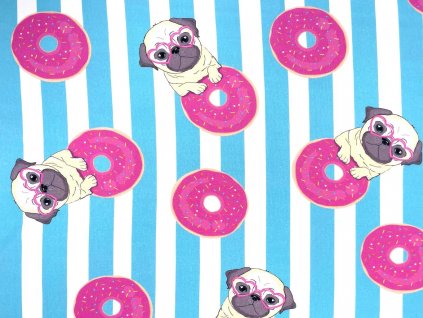 Bavlněný úplet s digitálním potiskem mopsíků na světlém podkladu, hravý a jemný motiv ideální pro dětské oblečení, trička, legíny a pohodlný domácí textil.