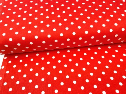 Bavlněné plátno Domestik s červeným vzorem puntíků 10 mm na světlém podkladu, ideální pro ložní povlečení, prostěradla a hravý domácí textil.