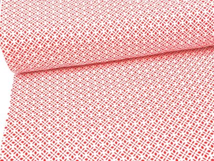 Bavlněné plátno Domestik 145 s červeným ornamentálním vzorem, šíře 150 cm, vhodné pro ložní povlečení a bytový textil.