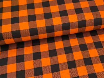 Flanel 165 s velkými oranžovo-černými kostkami, hřejivá bavlněná tkanina vhodná na košile, pyžama i pohodlné domácí oblečení.