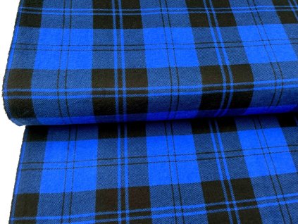 Flanel s klasickým modro-černým kostkovaným vzorem, hřejivý a příjemný na dotek, vhodný na košile, pyžama i pohodlný domácí textil.