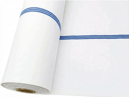 Plátno Domestik v modrých zdravotnických pruzích, pevná bavlna pro ložní povlečení, prostěradla a profesní textil s vysokou odolností.