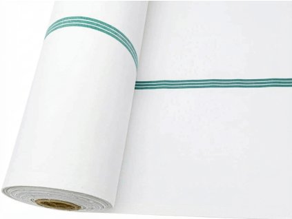 Plátno Domestik v zelených zdravotnických pruzích, pevná bavlna pro ložní povlečení, prostěradla a profesní textil s vysokou odolností.