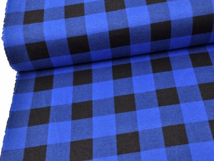 Flanel s velkými modro-černými kostkami, měkký a hřejivý materiál ideální na košile, pyžama a pohodlný domácí textil.