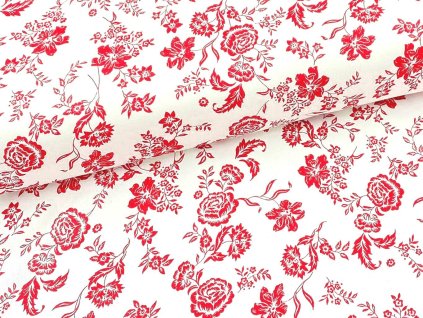 Tkanina plátno 100 % bavlna s červenými květy na bílém – lehká a odolná pro povlečení, prostěradla, patchwork a domácí textil.