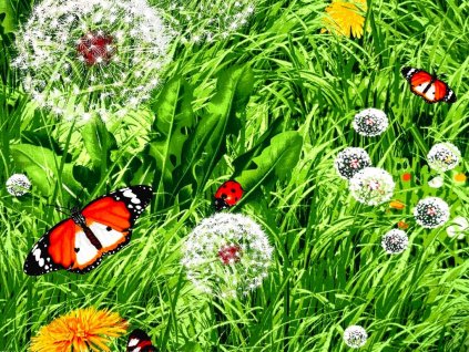 Bavlněné plátno Domestik 145 se vzorem letní louky, šíře 220 cm, vhodné pro ložní povlečení, prostěradla a bytový textil.