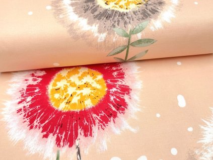 Tkanina plátno Domestik 100 % bavlna, pampelišky na růžovém podkladu – jemný motiv pro povlečení, závěsy a patchwork
