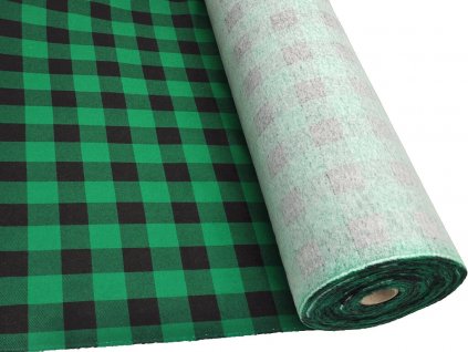Flanelová tkanina s velkými černo-zelenými kostkami, měkká a hřejivá, vhodná pro košile, volnočasové oblečení i bytový textil.