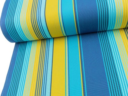 Tkanina Tenda Sole Caribe s UV ochranou, žluto-modro-tyrkysové pruhy, odolná látka pro markýzy, slunečníky a zahradní doplňky.