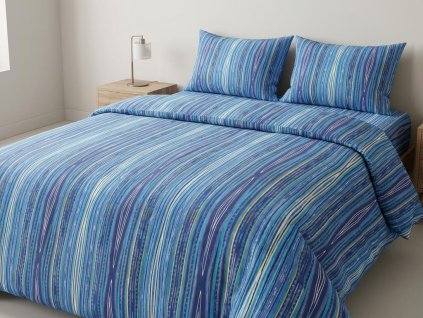 Bavlněné plátno Domestik 145 s modrými geometrickými pruhy, šíře 220 cm, ideální pro ložní povlečení a bytový textil.