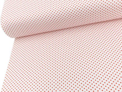 Tkanina flanel s červenými puntíky, měkká a hřejivá pro pyžama, košile, povlečení i kreativní šití, ideální na zimní a dětské projekty.