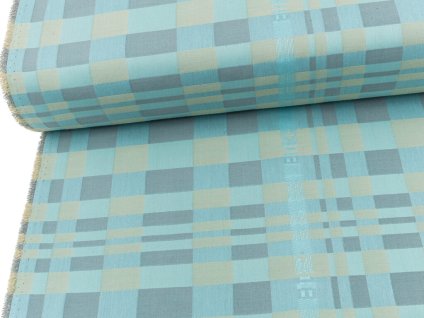 Tkanina damašková, 50 % bavlna / 50 % polyester, pastelová žluto-modrá kostka, 170 g/m², šíře 166 cm – pro luxusní ubrusy a závěsy