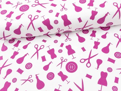 Tkanina Domestik 100 % bavlna, purpurové galanterní motivy, šíře 150 cm – odolné plátno pro povlečení, oděvy i patchwork
