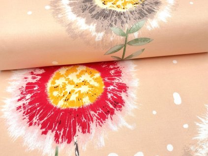 Tkanina plátno Domestik 100 % bavlna, pampelišky na růžovém podkladu – jemný motiv pro povlečení, závěsy a patchwork