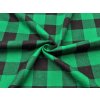 Flanelová tkanina s velkými černo-zelenými kostkami, měkká a hřejivá, vhodná pro košile, volnočasové oblečení i bytový textil.