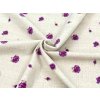 Flanel 150 s jemným vzorem drobných fialovo-béžových květů na světlém podkladu, měkká bavlněná tkanina vhodná pro ložní prádlo, dětské textilie i oděvy.