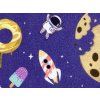 Bavlněný úplet s digitálním potiskem „sladký vesmír“, hravý motiv na světlém podkladu, šíře 180 cm, ideální pro dětské oblečení a pohodlné volnočasové oděvy.
